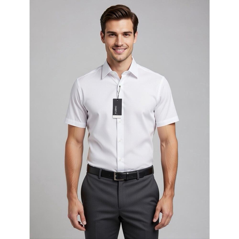 Men's Dress Shirt Button Down OMEGA Italy Designer Short Sleeve XL White